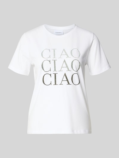 Productfoto, T-Shirt met Print en Ziersteinbesatz van comma, wit katoenmix met modal, regular fit, kleurrijke steendecoratie, dames T-shirt
