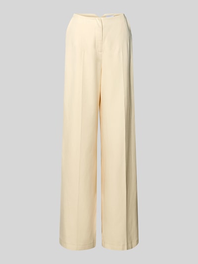 Produktfoto, Wide Fit Stoffhose met persplooien van Jake*s Cocktail, haakjessluiting, ritssluiting, bandwijdte maat 36: 36 cm, binnenbeenlengte maat 36: 81 cm, damesmode, lichtgele kleur, gladde stof, straight vorm