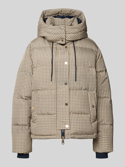 Produktfoto, Jacke mit Daunen-Feder-Füllung Modell 'Jilly Miras' von MOS MOSH, kariertes Muster in Beige und Dunkelblau, Stehkragen mit Kapuze, Zweiwege-Reißverschluss, glatte strukturierte Oberfläche, Regular Fit