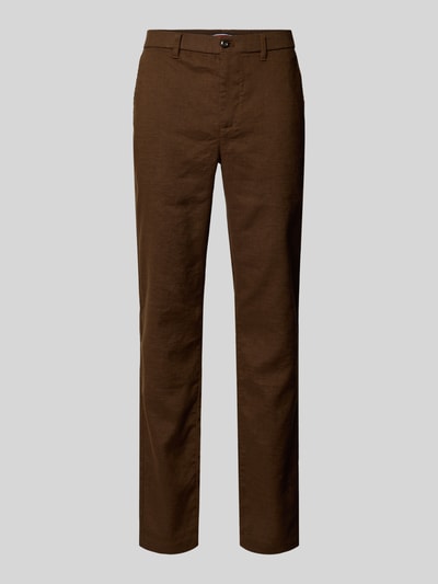 Productfoto, Regular Fit linnenbroek met logo-stitching model 'Denton' van Tommy Hilfiger, effen bruin, linnenmix, regular fit, knoop- en ritssluiting, riemlussen, steekzakken, achterzakken