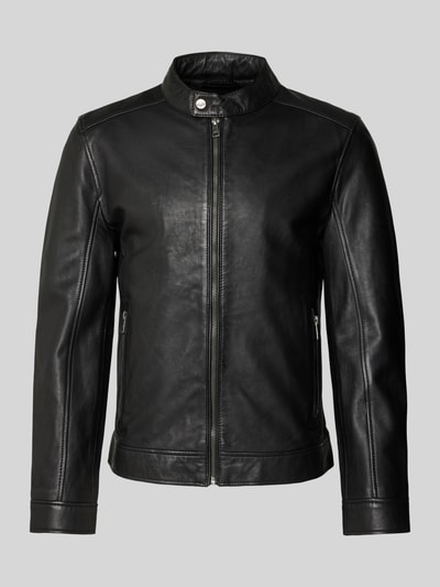 Produktfoto, schwarze Lederjacke mit Stehkragen und Reißverschlusstaschen, Modell 'JORK' von MAURITIUS, echtes Schafsleder, Slim Fit.