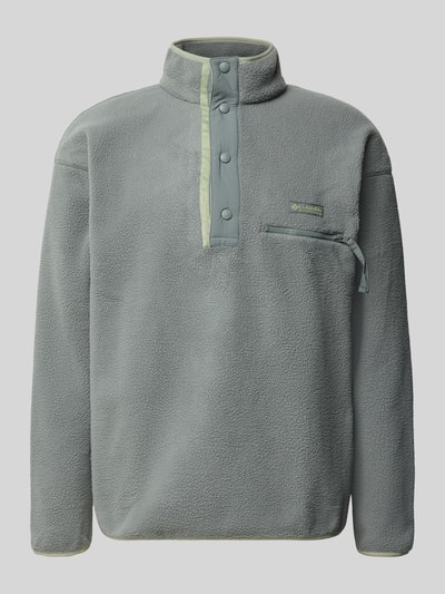 Produktfoto, Fleecepullover mit Label-Patch Modell 'Helvetia™ II' von Columbia in Grau mit Stehkragen, Reißverschluss-Brusttasche, grobe Textur