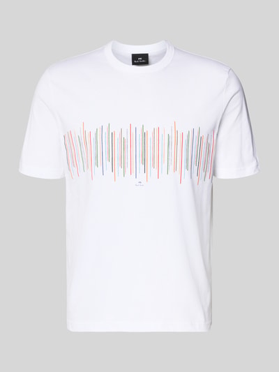 Produktfoto, T-Shirt mit Rundhalsausschnitt und Motiv-Print von PAUL SMITH aus reiner Baumwolle in Weiß, Casual Fit, Rückenlänge 66 cm bei Größe M.