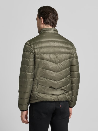 Männermodel trägt Regular Fit Steppjacke mit Stehkragen von Tom Tailor in Olivgrün, unifarben, Ganzkörperansicht Rückansicht.