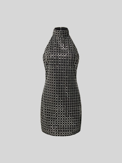 Produktfoto, Knielanges Kleid mit Stehkragen von ROTATE, taillierter Schnitt, Paillettenbesatz, Nahtreißverschluss, Schwarz-Silber Textur