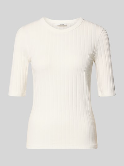 Produktfoto, T-Shirt in Ripp-Optik Modell 'Savka' von OPUS aus mieszanki materiałów ze stretchem, krój slim fit, dekolt okrągły, półrękaw, długość tyłu 56 cm w rozmiarze 36, kolor biały, prążkowana faktura