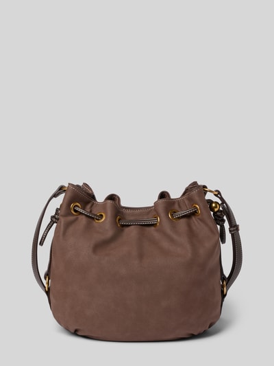 Productfoto, Bucket met logo-applicatie model 'Ginesa' van Liu Jo White, leerlook, bruine kleur, smalle schouderriem, hoofdvak met trekkoord, binnenvak met rits, 27x27x18 cm, schouderriem 105 cm.