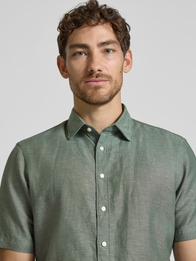 Jake*s Slim fit linnen overhemd met knoopsluiting Donkergroen - 3