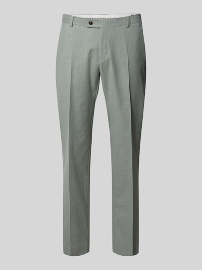 Produktfoto, Regular Fit Stoffhose mit Bügelfalten von bugatti in hellgrau aus Baumwoll-Mix mit Eingriff- und Gesäßtaschen, Knopf-Reißverschluss, Bundweite 42 cm, Innenbeinlänge 80 cm bei Größe 50, glatte Textur.
