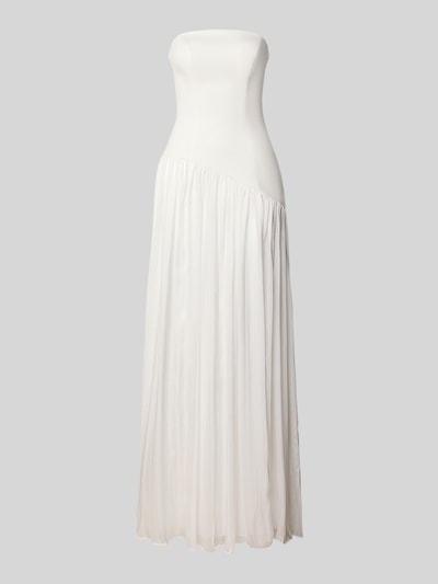 Produktfoto, Slim Fit Abendkleid in Falten-Optik von Unique, weiß, leichte A-Linie, schulterfrei, blickdichter Unterrock, fließende Textur