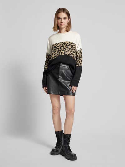 Only Regular Fit Strickpullover mit Animal-Print Colour-Blocking Modell 'JADE' Taupe Melange 1