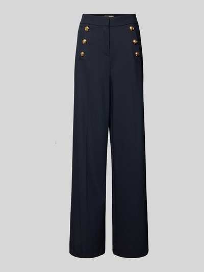 Produktfoto, Wide Fit Stoffhose mit Viskose-Anteil von Christian Berg Woman Selection, Damen Stoffhose, Elastischer-Material-Mix, Ziersteinbesatz, Haken-Reißverschluss, Bundweite 40 cm, Innenbeinlänge 83 cm, dunkelblau, glatte Struktur