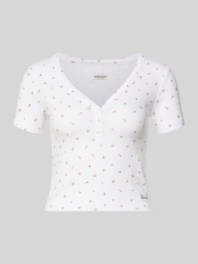 Productfoto, Cropped T-Shirt met V-hals en knoopsluiting van Guess Jeans, viscosemix, logo, ruglengte maat S: 43 cm, wit met kleine motieven