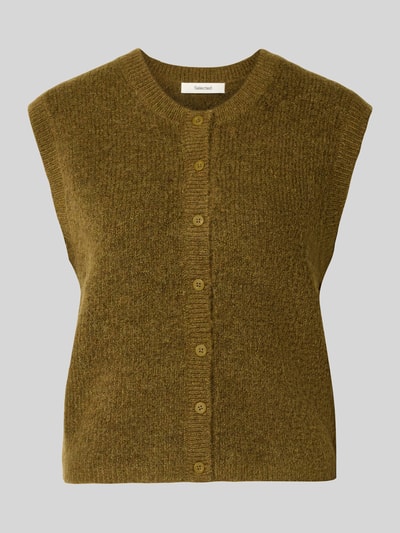 Produktfoto, olijfgroene bodywarmer met ronde hals en knoopsluiting, zachte textuur, Regular Fit Weste aus Woll-Mix mit Alpaka-Anteil model 'LULU' van Selected, Dames