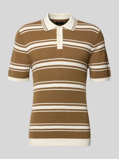 Produktfoto, Slim Fit Poloshirt in Strick-Optik von MCNEAL aus reiner Baumwolle, braun mit weißen Streifen, Polokragen, kurze Ärmel