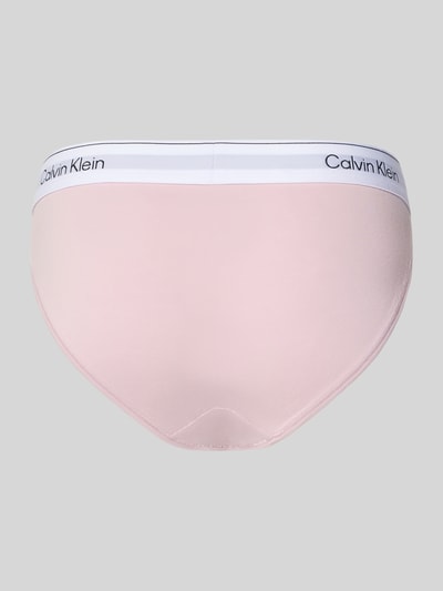 Produktfoto, Slip aus Baumwoll-Modal-Mix von Calvin Klein Underwear in zartem Rosa mit weißem Bund und schwarzem Logo, glatte Oberfläche. Damen Slip von Calvin Klein Underwear