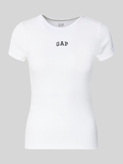 Produktfoto, weißes T-Shirt in Ripp-Optik mit GAP Logo, Slim Fit, aus Baumwoll-Mix mit Modal-Anteil, Rundhalsausschnitt, Rückenlänge 53 cm.