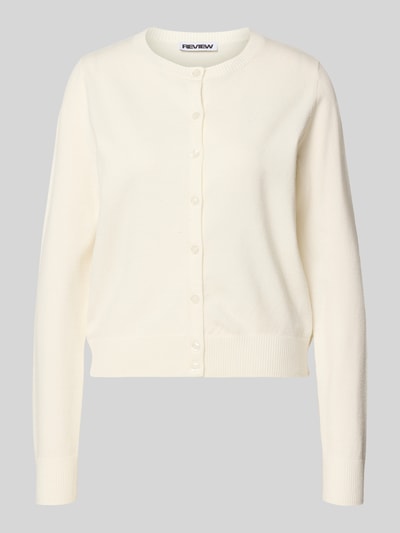 Produktfoto, Strick-Cardigan aus Viskose-Mix mit langen Ärmeln von Review, krój regular fit, kremowy, logo haftowane, ściągacze, damski.