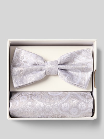 Produktfoto, Fliege und Einstecktuch im Set aus reiner Seide von Prince Bowtie, jasnoszary wzór paisley, klasyczna forma, regulacja kołnierzyka