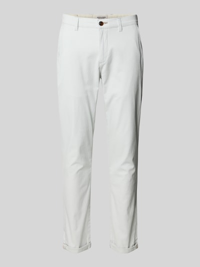 Produktfoto, Straight Fit Stoffhose aus Baumwoll-Mix Modell 'MARCO FURY' von JACK & JONES, weiß, Eingriff- und Gesäßtaschen, Knopf- und Reißverschluss, Herren, Bundweite 44 cm, Innenbeinlänge 77 cm, glatte Textur