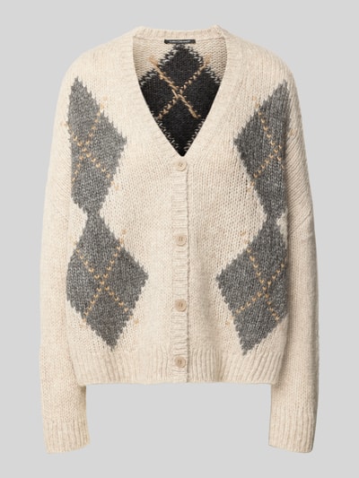 Productfoto, Strickjacke mit V-Ausschnitt van Luisa Cerano, beige met grijze ruit, materiaal-mix met alpaca, relaxed fit, damesmode