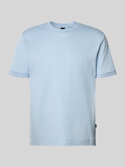 Produktfoto, Regular Fit T-Shirt aus reiner Baumwolle Modell 'THOMSON' von BOSS in Hellblau, feines Strukturmuster, Webstruktur, unifarben, kurzes Arm, Label Patch