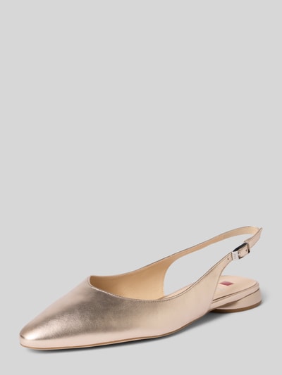 Produktfoto, Ballerinas aus Leder mit Riemen von Högl, echt leer, spitse voorkant, doornsluiting, gladde zool, hakhoogte 2 cm, schachthoogte 8 cm, schachtbreedte 5 cm, metallic kleur, eenvoudige lijnen, zachte textuur