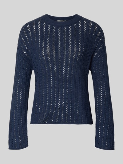 Produktfoto, dunkelblauer Comfort Fit Strickpullover im semitransparenter Optik von Tom Tailor Denim, Ajour-Strick, unifarben, Rundhals, Strukturmuster