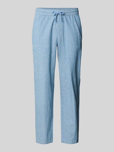 Produktfoto, Hose aus Baumwoll-Leinen-Mix mit elastischem Bund von Blend, hellblau, Regular Fit, Modell ABAN, glatte Textur, elastischer Bund, Bundweite 39 cm, Innenbeinlänge 76 cm.