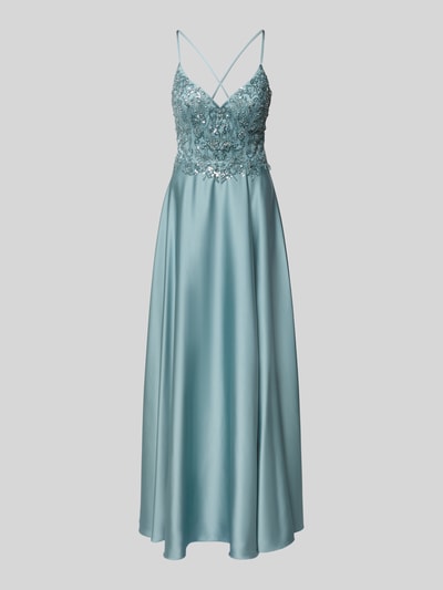 Produktfoto, Abendkleid mit Perlen und V-Ausschnitt von Laona aus Satin in Türkis, taillierter Schnitt, Maxikleid, glänzende glatte Textur.