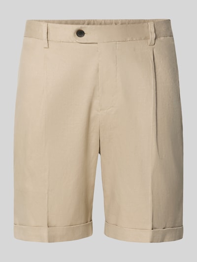 Produktfoto, Bermudas aus Leinen-Mix mit Gesäßtaschen von Profuomo, beżowy kolor, tkanina z lnu i bawełny, krój regular fit, dwie tylne kieszenie, zakładki, szerokość w rozmiarze 50: 46 cm, długość nogawki od wewnątrz: 20 cm