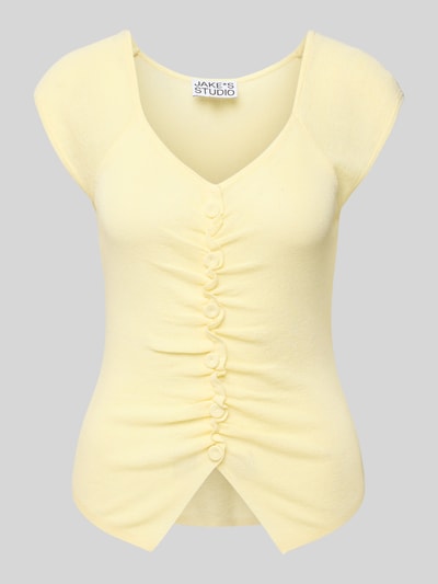 Produktfoto, Strickshirt mit Knopfleiste und Raffungen von JAKE*S STUDIO WOMAN, gelb, V-Ausschnitt, Viskose-Mix, Körpernaher-Schnitt, 43 cm Rückenlänge bei Größe S.