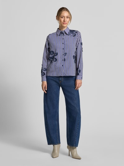 Milano Italy Regular fit overhemdblouse van viscosemix met florale stitching Marineblauw - 1