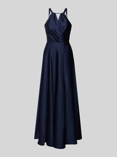 Produktfoto, Abendkleid mit rückseitiger Schnürung von Hey Kyla, dunkelblauer Satin, tailliert, Maxikleid, schimmernde glatte Oberfläche.