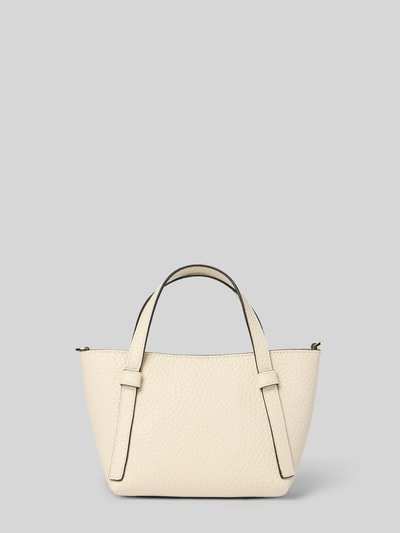 Produktfoto, Handtasche mit Strukturmuster Modell 'Cosmo' von Abro, cremefarben mit Logo-Applikation, Hauptfach mit Reißverschluss, Tragehenkel, abnehmbarer Schulterriemen, Breite 25 cm, Länge 15 cm, Tiefe 11 cm, Länge Schulterriemen 128 cm.