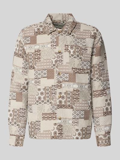 Produktfoto, Regular Fit Overshirt mit Kentkragen Modell 'Layton' von Les Deux aus Baumwoll-Mix in Beige und Braun mit Patchwork-Muster.