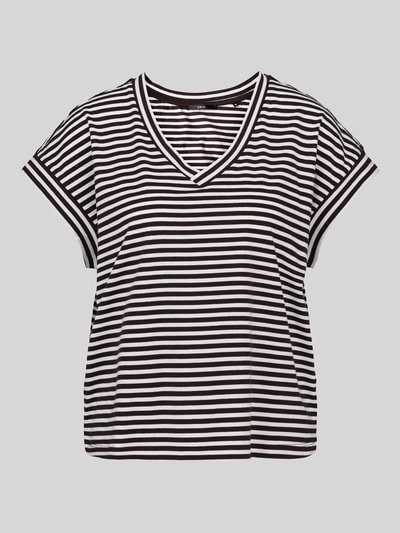 Produktfoto, T-Shirt mit V-Ausschnitt von zero, Baumwoll-Mix mit Stretch-Anteil, Regular Fit, schwarze und weiße Blockstreifen
