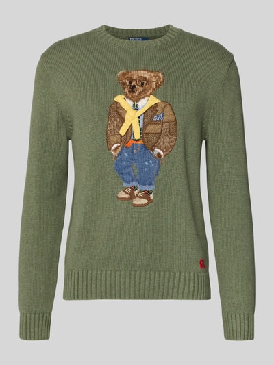 Produktfoto, Regular Fit Strickpullover aus reiner Baumwolle von Polo Ralph Lauren, motyw, sweter z bawełny, okrągły dekolt, zielony, tekstura dzianiny, długość tyłu 66 cm, długość rękawów 67 cm