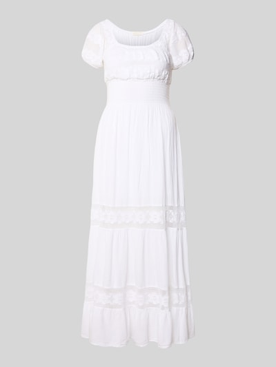 Produktfoto, weißes Midikleid mit Smok-Details und Rundhalsausschnitt aus Reine Baumwolle, taillierter Schnitt, Apricot, Rückenlänge 124 cm, Brustweite 24 cm, Ärmellänge 20 cm