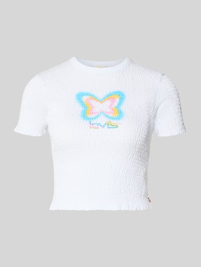 Produktfoto, białe T-Shirt z nadrukiem label od Levi's®, bawełna, obcisły krój, okrągły dekolt, marszczenia, smok, ruffle.