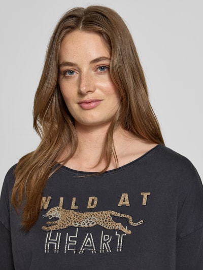 Oui Relaxed Fit T-Shirt aus reiner Baumwolle mit Motiv-Print Anthrazit 3