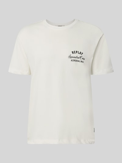 Produktfoto, T-Shirt mit Label-Print und Rundhalsausschnitt von Replay, biała bawełna, krój regular fit, nadruk z logo, długość tyłu w rozmiarze M: 71 cm