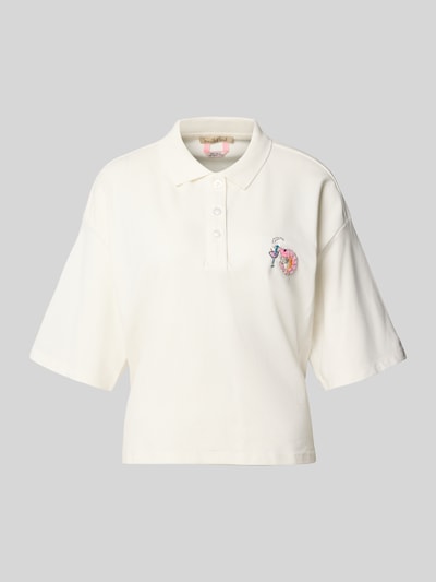 Produktfoto, Cropped Poloshirt mit Ziersteinbesatz von Smith and Soul aus elastischem Baumwoll-Mix in Weiß, Polokragen, Halbarm, strukturierte Oberfläche