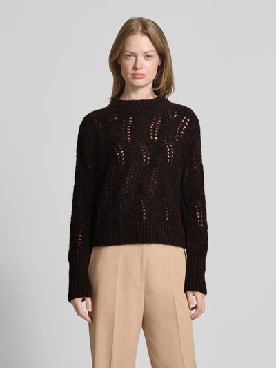 JOOP! Sweter z dzianiny z dodatkiem wełny z alpaki i okrągłym dekoltem Czekoladowy 4