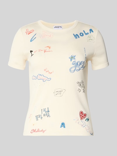 Produktfoto, T-Shirt im Allover-Look mit Rundhalsausschnitt von Jake*s Casual in Creme mit bunten Schriftzügen, Baumwoll-Modal-Mix, Slim Fit