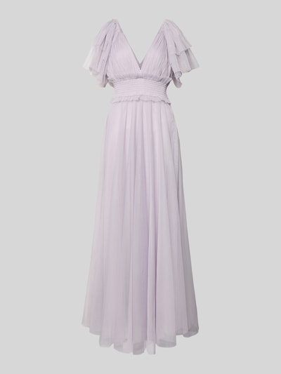 Produktfoto, Abendkleid mit Volants van Lace & Beads, lila tule, materiaalmix, getailleerd model, maxi-jurk, diepe V-hals, laagjeslook, onderrok, ritssluiting, rugdecolleté, maat S: ruglengte 128 cm, borstwijdte 28 cm, mouwlengte 29 cm.