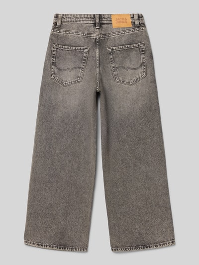 Produktfoto, Wide Fit Jeans met logo-patch Model 'Dave' van JACK & JONES voor kinderen, puur katoen, 5-pocketmodel, knoop- en ritssluiting, bandwijdte maat 140: 33 cm, binnenbeenlengte maat 140: 61 cm, grijs met lichte wassing, rechte pijpen, grove denimstructuur