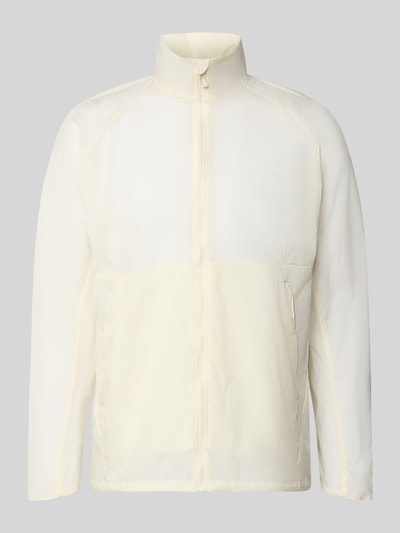 Produktfoto, cremefarbene Jacke mit Stehkragen und Logo von Salomon, Regular Fit, Reißverschluss, glatte Textur, sichtbare Nähte