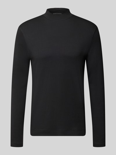 Produktfoto, Regular Fit Longsleeve aus reiner Baumwolle mit Stehkragen von Christian Berg Men, glattes schwarzes Material, elastische Abschlüsse