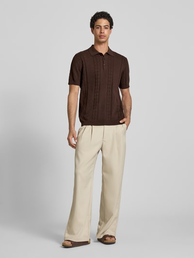 Redefined Rebel Slim Fit Strick-Poloshirt mit Zopfmuster Modell 'Miller' Dunkelbraun 1